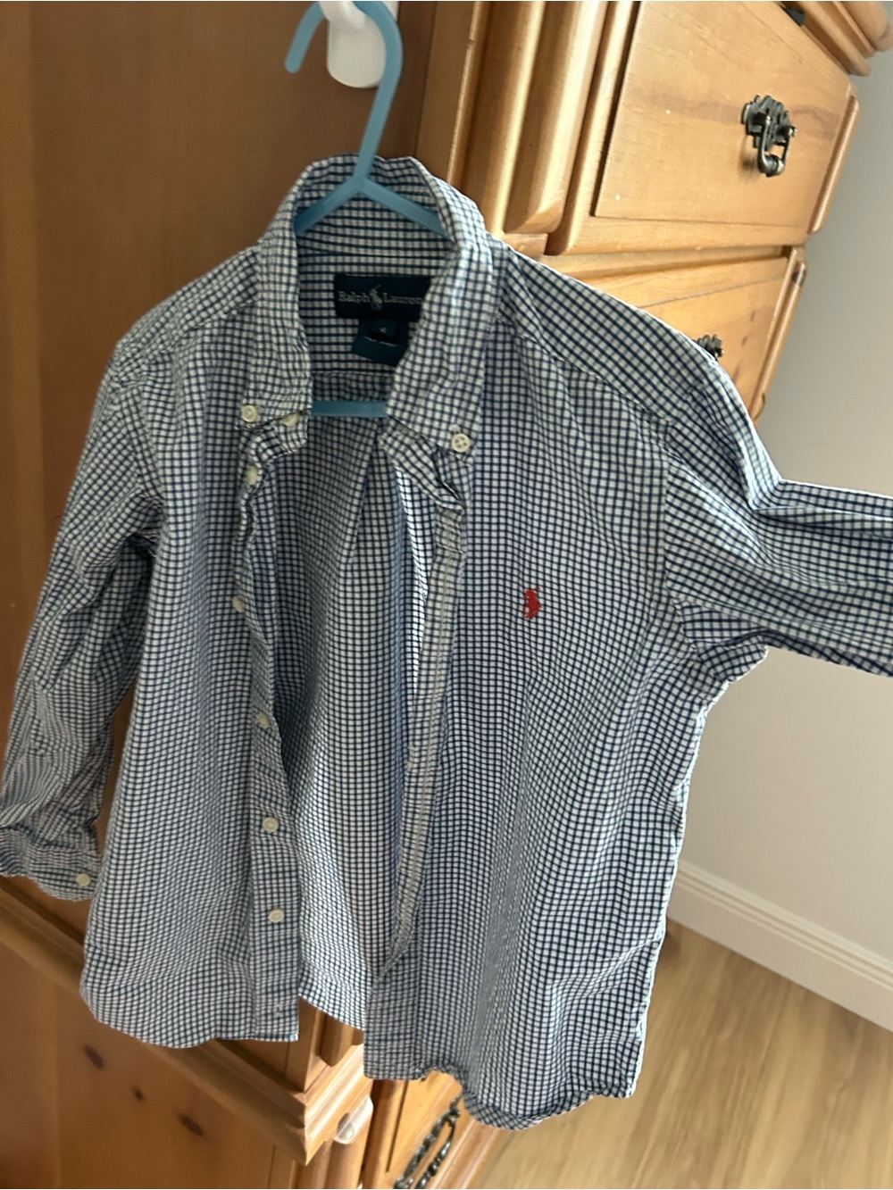 Ralph Lauren Blue and White Gingham Button-Down Shirt with Red Pony